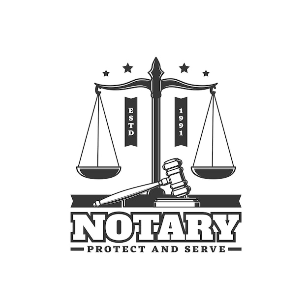 Icono retro del servicio de notario con escalas y mazo