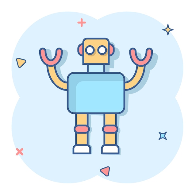 Icono de robot chatbot lindo en estilo cómic ilustración de vector de dibujos animados de operador bot sobre fondo blanco aislado concepto de negocio de efecto de salpicadura de personaje de chatbot inteligente