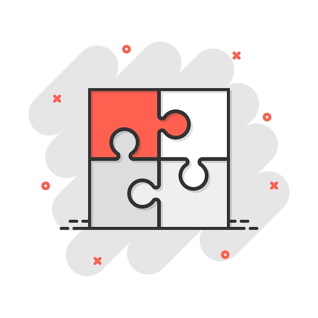 Icono de rompecabezas de dibujos animados en estilo cómico Pictograma de ilustración de signo de rompecabezas Concepto de negocio de salpicaduras de juego de juguete