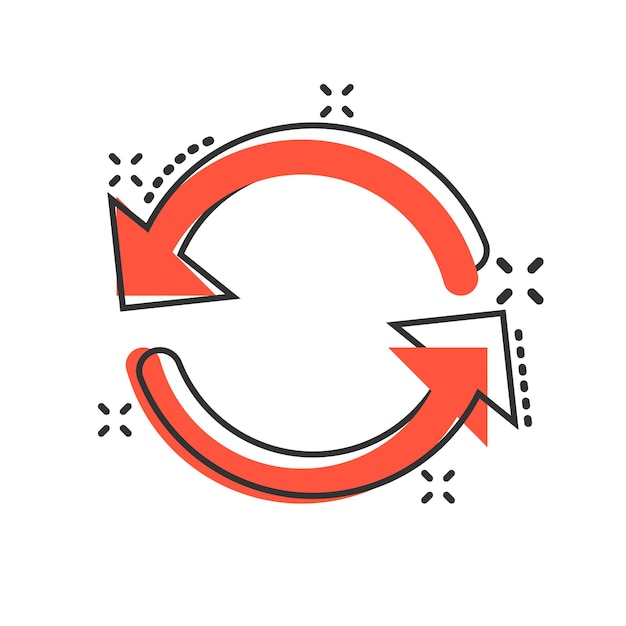 Icono de rotación de flecha en estilo cómico Ilustración de dibujos animados de vector de acción de sincronización sobre fondo blanco aislado Efecto de salpicadura de concepto de negocio de botón de actualización