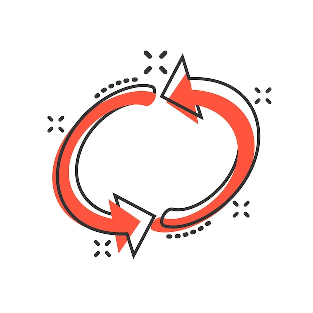 Icono de rotación de flecha en estilo cómico Ilustración de dibujos animados de vector de acción de sincronización sobre fondo blanco aislado Efecto de salpicadura de concepto de negocio de botón de actualización