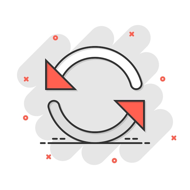 Vector icono de rotación de flecha en estilo cómico ilustración de dibujos animados de vector de acción de sincronización sobre fondo blanco aislado efecto de salpicadura de concepto de negocio de botón actualizar