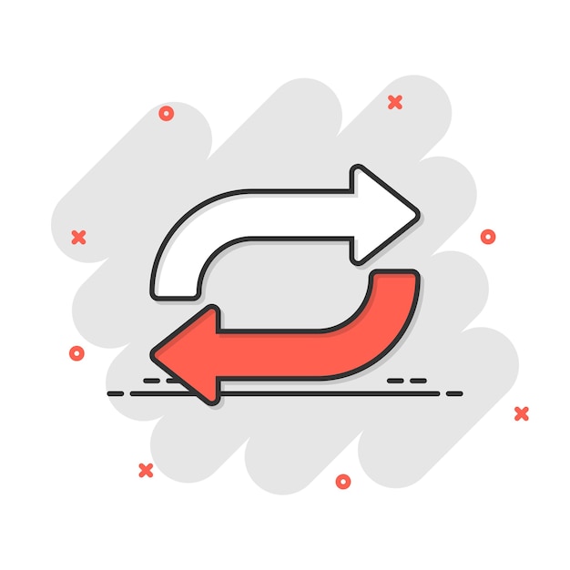 Icono de rotación de flecha en estilo cómico Ilustración de vector de dibujos animados de acción de sincronización sobre fondo blanco aislado Concepto de negocio de efecto de salpicadura de botón Actualizar