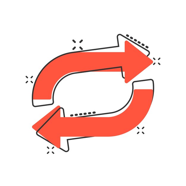 Icono de rotación de flecha en estilo cómico Ilustración de vector de dibujos animados de acción de sincronización sobre fondo blanco aislado Concepto de negocio de efecto de salpicadura de botón Actualizar