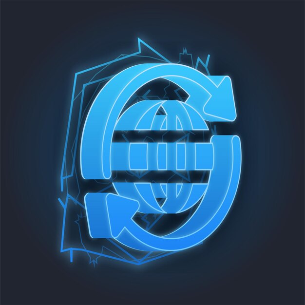 Icono de rotación global con fondo oscuro con efecto de trueno de iluminación azul
