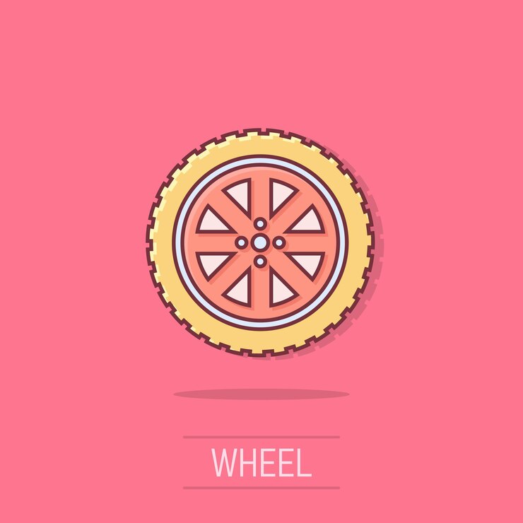 Vector icono de la rueda del automóvil en estilo cómico ilustración vectorial de dibujos animados de la parte del vehículo en un fondo aislado concepto de negocio de efecto salpicaduras de neumáticos