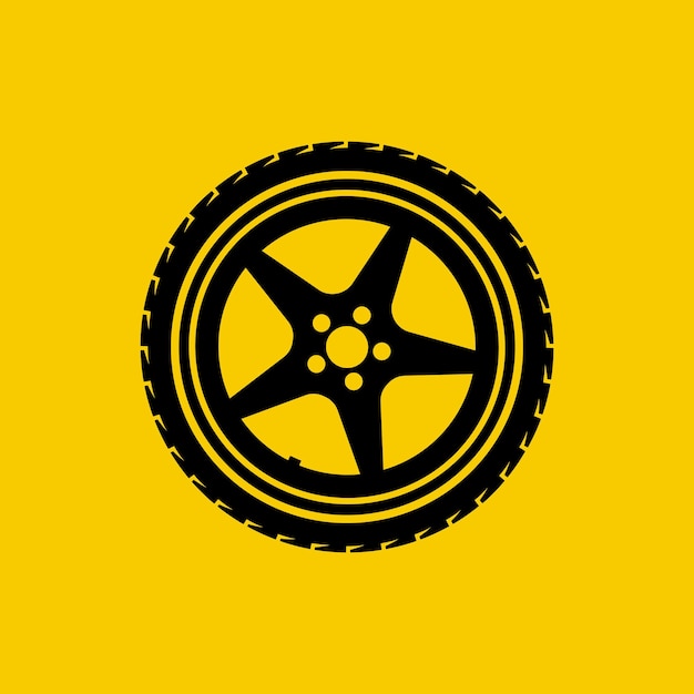 Vector icono de rueda de coche aislado sobre fondo amarillo concepto de servicio de neumáticos pictograma de silueta logo garaje vehículo mantenimiento carretera señal vector ilustración diseño plano