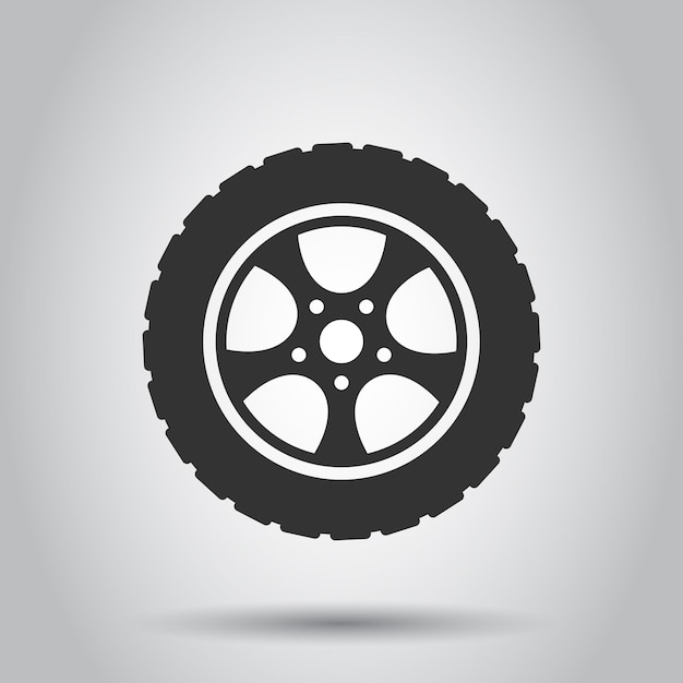 Icono de rueda de coche en estilo plano Ilustración de vector de pieza de vehículo sobre fondo blanco aislado Concepto de negocio de neumáticos