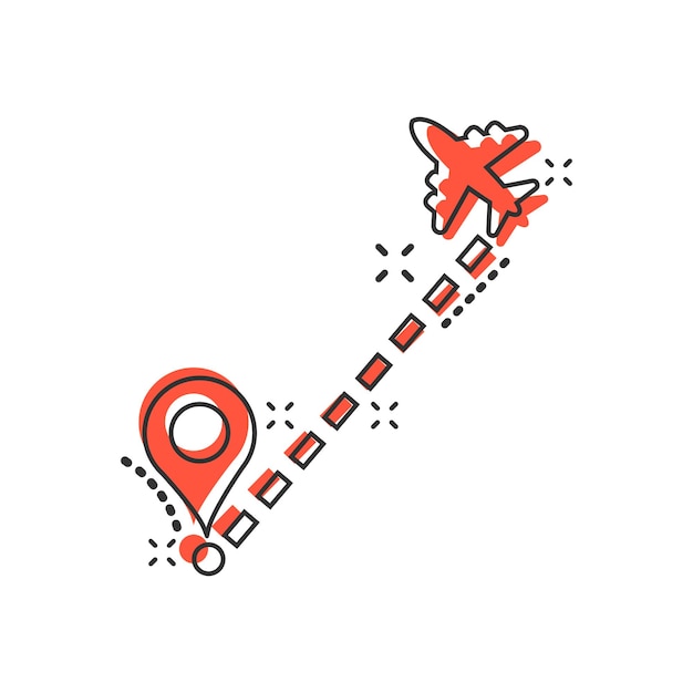 Icono de ruta de vuelo de avión en estilo cómic Ilustración de dibujos animados de vector de ruta de línea de viaje sobre fondo blanco aislado Efecto de salpicadura de concepto de negocio de traza de línea de guión