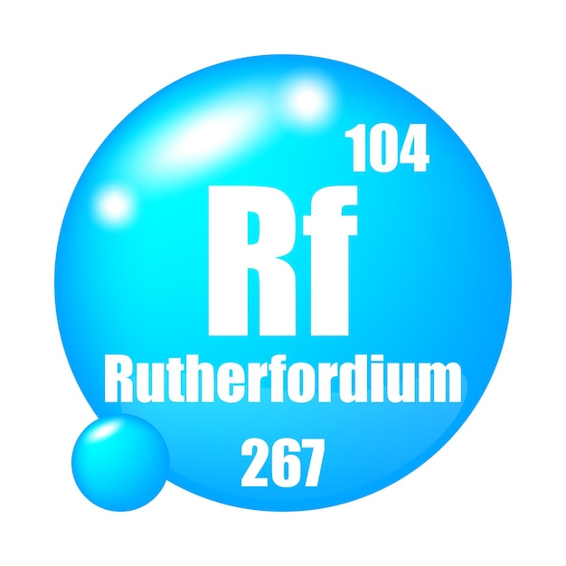 Icono de Rutherfordium Elemento químico Rf Número atómico 104 Masa 267 Símbolo de la esfera azul