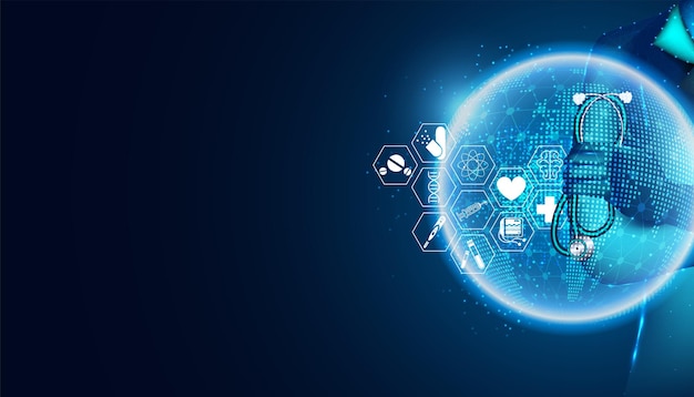 Icono de salud de ciencia médica de salud abstracta y concepto de médico de tecnología digital mundial moderno