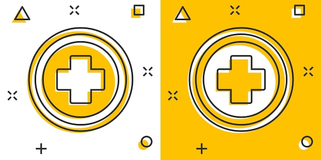 Icono de salud médica de dibujos animados vectoriales en estilo cómico Hospital de medicina más pictograma de ilustración de signo Concepto de efecto de salpicadura de negocio médico