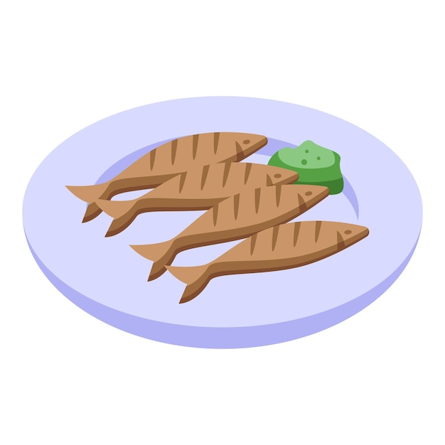 Icono de sardina frita vector isométrico Pescado de mariscos Lata del Pacífico