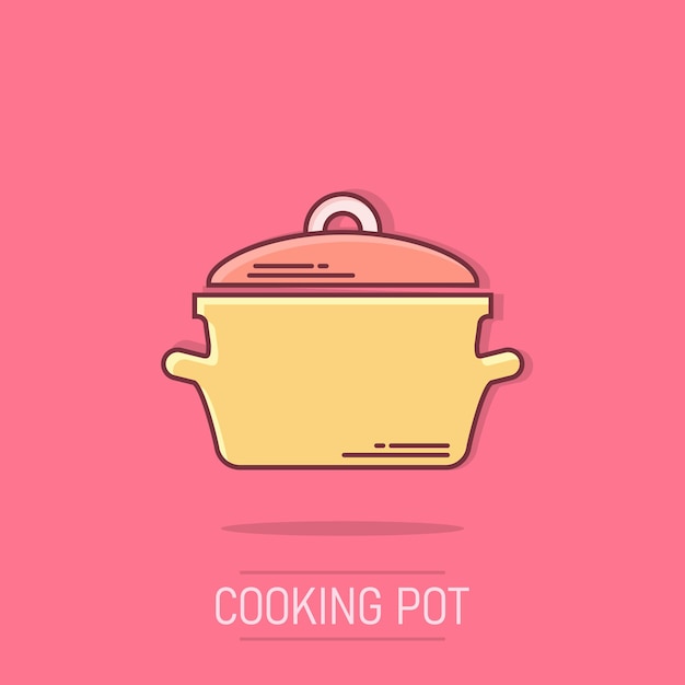 Icono de sartén de cocina de dibujos animados vectoriales en estilo cómic Ilustración del concepto de la olla de cocina Pictograma Equipo de sarté concepto de efecto de salpicaduras de negocios