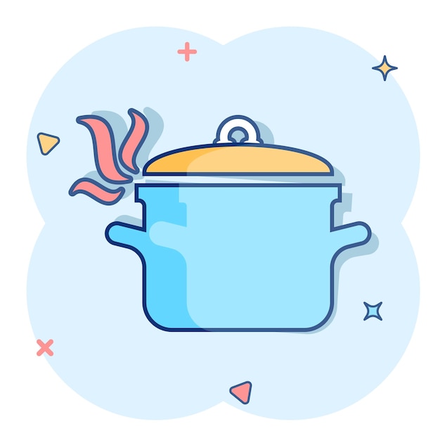 Icono de sartén de cocina de dibujos animados vectoriales en estilo cómic Ilustración del concepto de la olla de cocina Pictograma Equipo de sarté concepto de efecto de salpicaduras de negocios