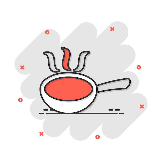 Icono de sartén de dibujos animados de vector en estilo cómic Pictograma de ilustración de concepto de sartén de cocina Concepto de efecto de salpicadura de negocio de equipo de cocina de sartén