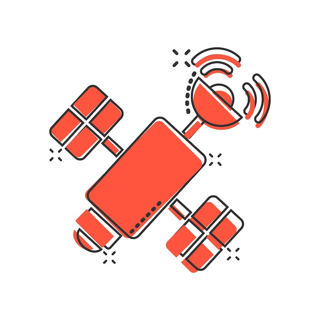 Icono de satélite en estilo cómico Ilustración de vector de dibujos animados Sputnik sobre fondo blanco aislado Concepto de negocio de signo de efecto de salpicadura de transporte espacial