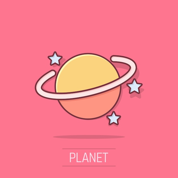 Icono de Saturno en estilo cómico Ilustración de dibujos animados de vector de planeta sobre fondo blanco aislado Efecto de salpicadura de concepto de negocio espacial de galaxia