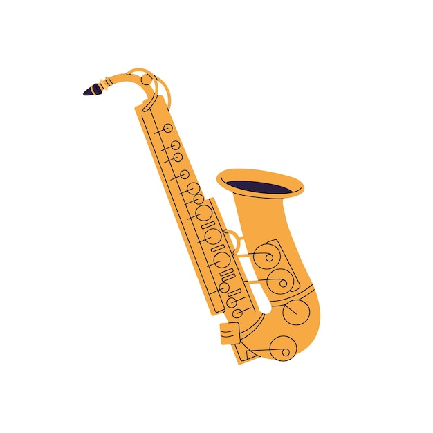 Ícono de saxofón dorado clásico Saxo dorado profesional Instrumento de música de bronce de viento para tocar melodías en conciertos de jazz actuación de blues Ilustración vectorial aislada plana en fondo blanco