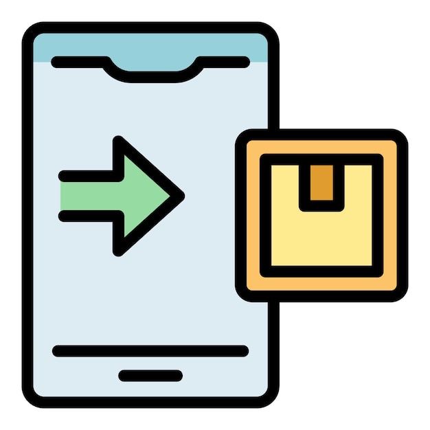 El icono de seguimiento de paquetes de teléfonos inteligentes es un vector de contorno. El servicio de entrega de pedidos a domicilio es de color plano.
