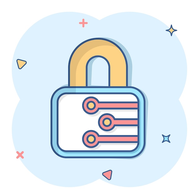 Icono de seguridad cibernética en estilo cómic Candado bloqueado ilustración de dibujos animados vectoriales sobre fondo blanco aislado Efecto de salpicadura de concepto de negocio de contraseña cerrada
