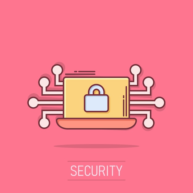 Icono de seguridad cibernética en estilo cómico Candado bloqueado ilustración de dibujos animados vectoriales sobre fondo blanco aislado Efecto de salpicadura de concepto de negocio portátil
