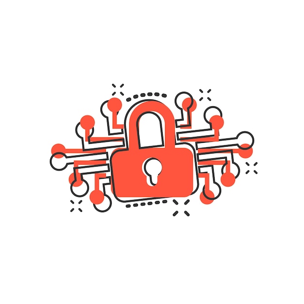 Icono de seguridad cibernética en estilo cómico Ilustración de dibujos animados vectoriales bloqueados con candado en fondo blanco aislado Concepto de negocio de contraseña cerrada Efecto de salpicadura