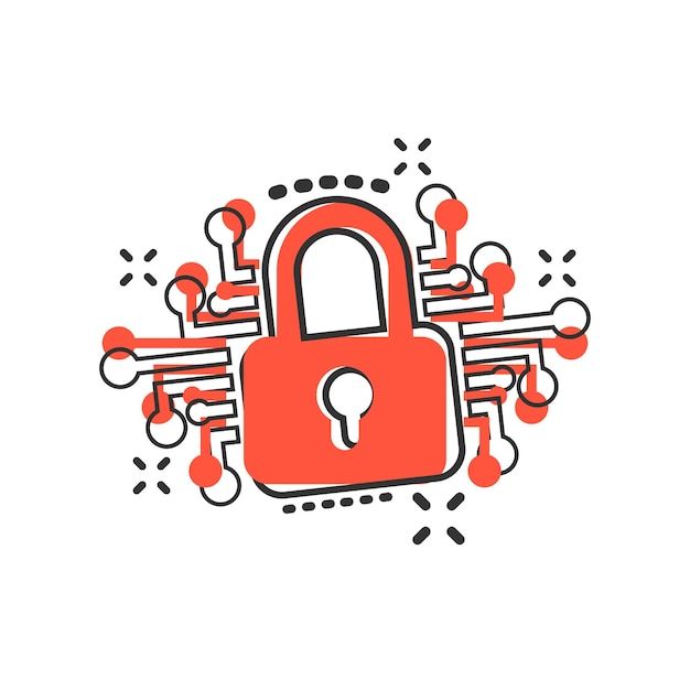 Icono de seguridad cibernética en estilo cómico Ilustración de dibujos animados vectoriales bloqueados con candado en fondo blanco aislado Concepto de negocio de contraseña cerrada Efecto de salpicadura