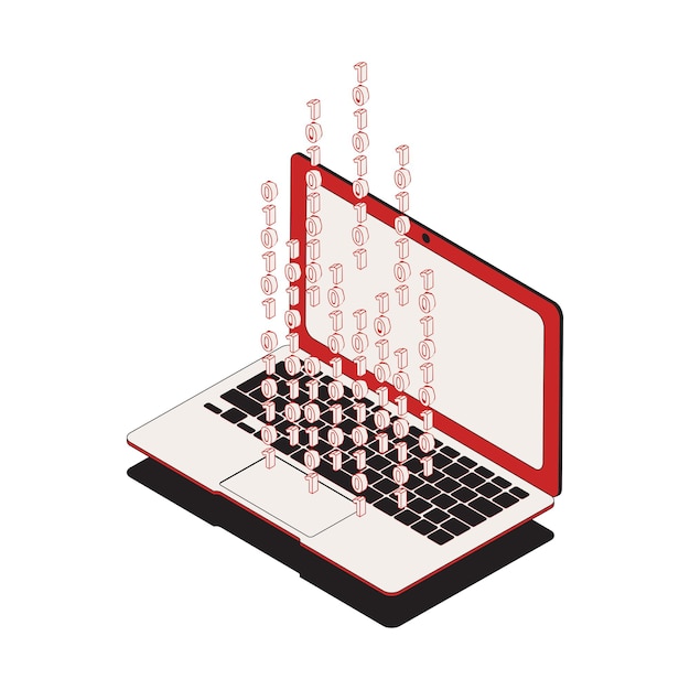 Icono de seguridad cibernética isométrica con computadora portátil 3d e ilustración de código binario