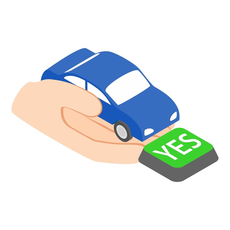 Vector icono de seguro de coche vector isométrico mano humana sosteniendo coche azul y botón sí concepto de protección de seguro de automóvil