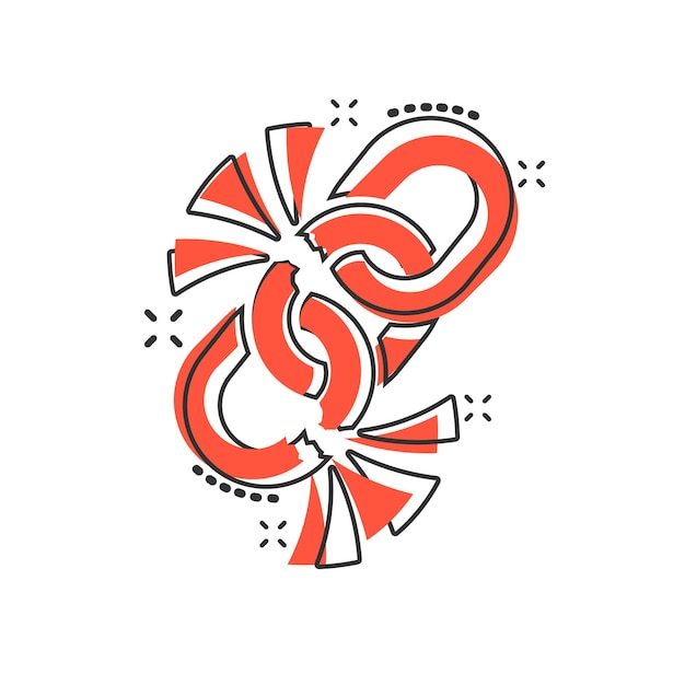 Icono de señal de cadena rota en estilo cómico Desconectar enlace ilustración de dibujos animados vectorial en fondo blanco aislado Desprender concepto de negocio efecto salpicadura