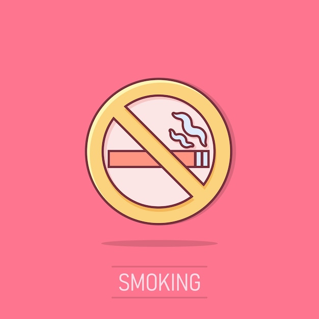 Icono de señal de no fumar en estilo cómico Ilustración vectorial de dibujos animados de cigarrillos en un fondo aislado Efecto de salpicaduras de nicotina Concepto de negocio
