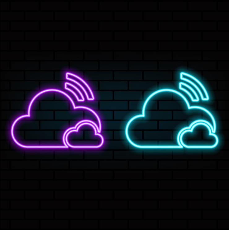 Vector ícono de señal de nube computación en nube con señal wifi ilustración vectorial simple y plana estilo neón
