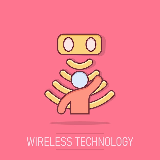 Icono de sensor de movimiento en estilo cómico Ondas de sensor con pictograma de ilustración de dibujos animados de vector de hombre Conexión de seguridad de personas concepto de negocio efecto de salpicadura