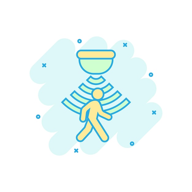 Icono de sensor de movimiento en estilo cómico Sensor de ondas con pictograma de ilustración de dibujos animados de vector de hombre Efecto de salpicadura de concepto de negocio de conexión de seguridad de personas