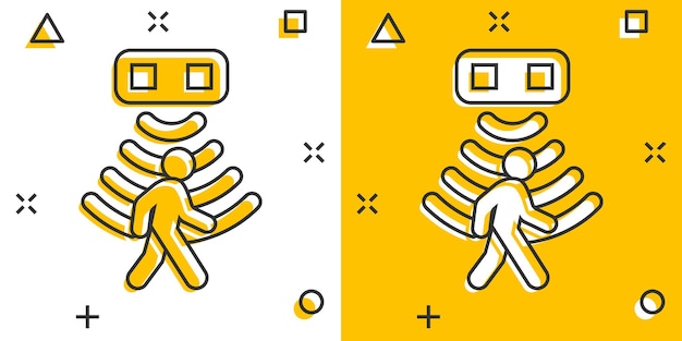 Icono de sensor de movimiento en estilo cómico Sensor de ondas con pictograma de ilustración de dibujos animados de vector de hombre Efecto de salpicadura de concepto de negocio de conexión de seguridad de personas