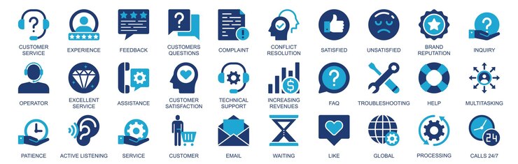 Vector ícono de servicio al cliente establecido en diseño web de íconos sólidos de duotone plano packe pictogramas con experiencia respuesta a la pregunta resolución de conflictos satisfecho reputación de la marca otro ilustración vectorial