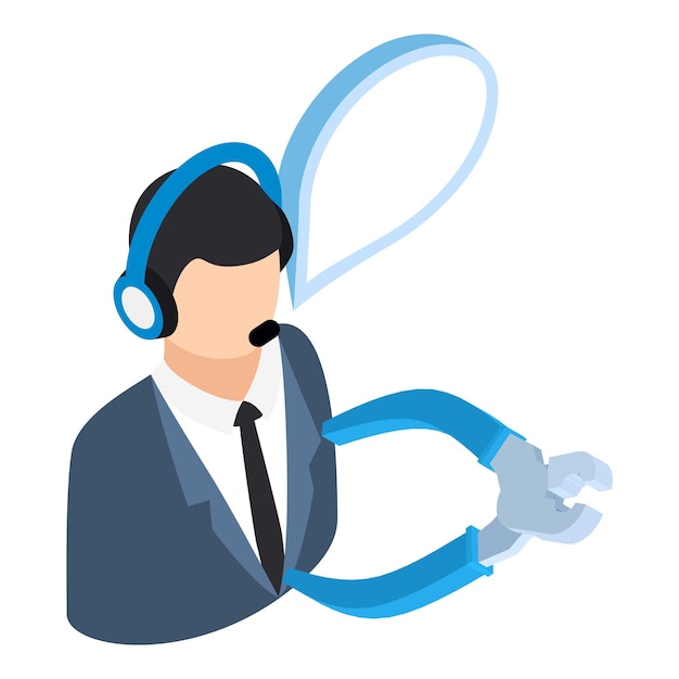 Icono de servicio técnico vector isométrico Operador con auriculares y cortadores de cables Concepto de soporte en línea
