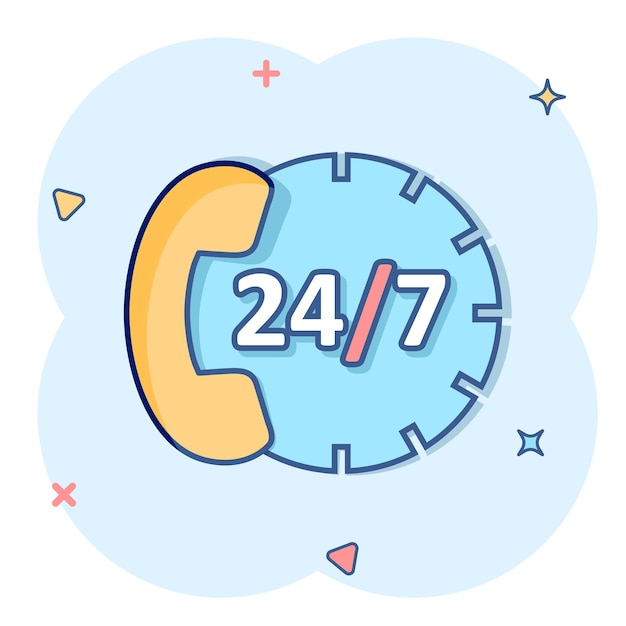 Icono de servicio telefónico 247 en estilo cómic Ilustración de vector de dibujos animados de conversación telefónica sobre fondo blanco aislado Concepto de negocio de efecto de salpicadura de contacto de línea directa