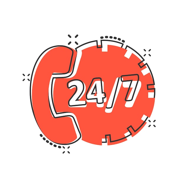 Icono de servicio telefónico 247 en estilo cómic Ilustración de vector de dibujos animados de conversación telefónica sobre fondo blanco aislado Concepto de negocio de efecto de salpicadura de contacto de línea directa