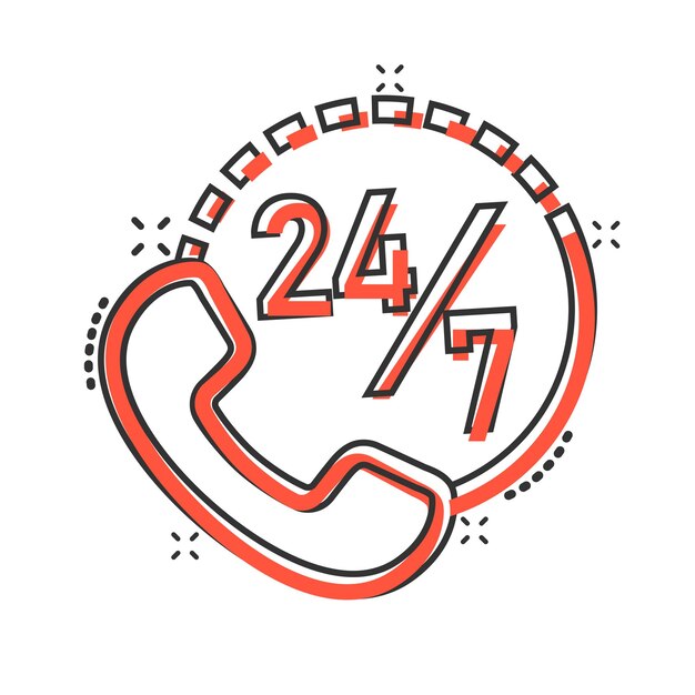El icono del servicio telefónico 247 en estilo cómico Ilustración vectorial de dibujos animados de conversación telefónica en fondo blanco aislado Concepto de negocio de efecto salpicaduras de contacto de línea directa