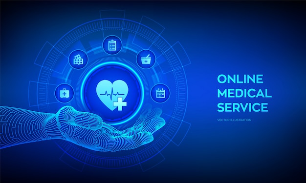Icono de servicios médicos en línea en mano robótica. doctor en linea. concepto de asistencia sanitaria, consulta y apoyo.