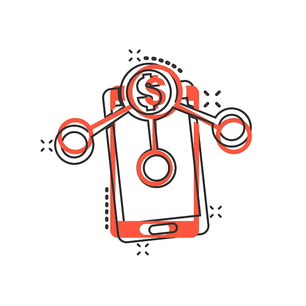 Icono de servicios de pago en estilo cómico Ilustración de vector de dibujos animados de envío de dinero sobre fondo blanco aislado Concepto de negocio de efecto de salpicadura de transacción de teléfono inteligente