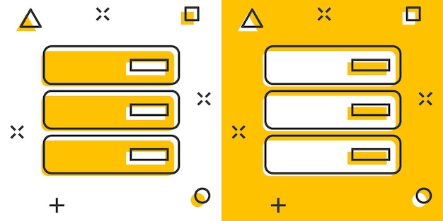 Icono de servidor de base de datos de dibujos animados de vector en estilo cómic Pictograma de ilustración de signo de almacenamiento Concepto de efecto de salpicadura de negocio de servidor