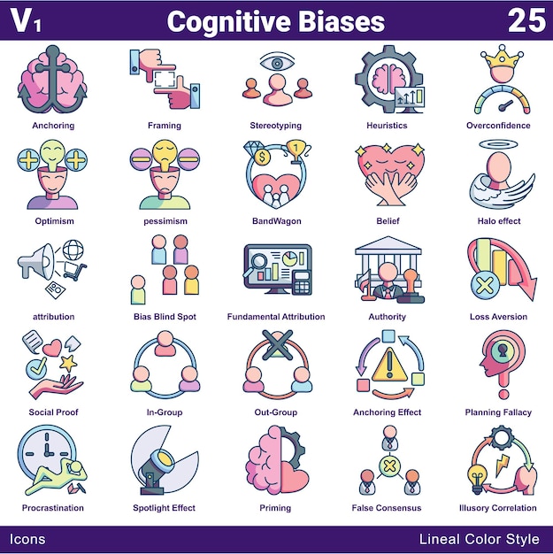 El icono de sesgos cognitivos se establece en 25 en estilo de color lineal