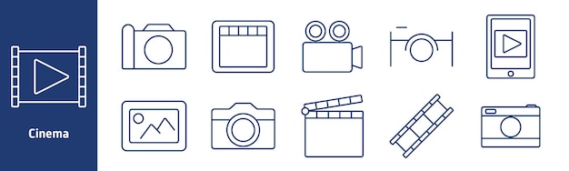 El icono del set de cine, el marco de la película, la cámara de video, la galería de clapperboard, el reproductor de películas digitales, el carrete, la fotografía, el equipo de medios, la producción de video, el entretenimiento.