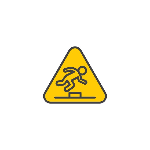El icono del signo de advertencia de peligro de tropiezo establece la alerta de peligro para posibles obstáculos de tropezo, el símbolo vectorial en un estilo negro lleno y delineado, la reducción del riesgo de caída resbaladiza y el signo de asesoramiento de seguridad.