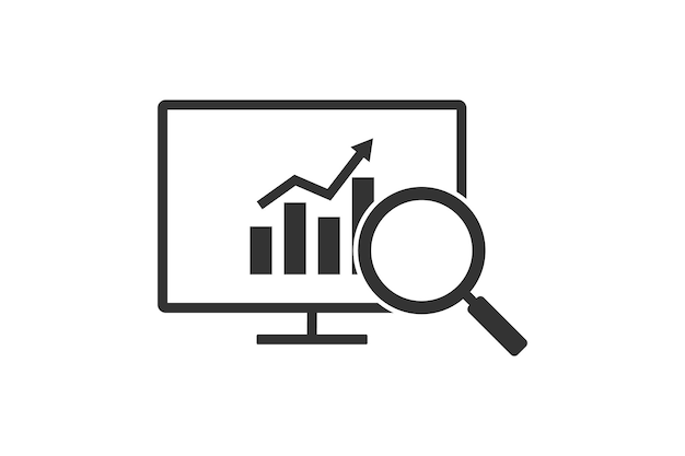 Icono de signo de análisis de gráfico Símbolo de ilustración de gráfico de pantalla y vidrio Vector de marketing de signo