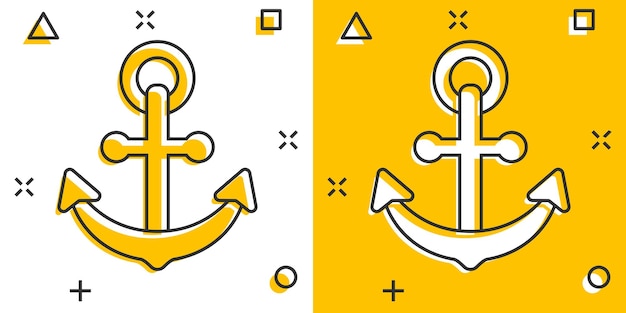 Icono de signo de ancla de barco en estilo cómic Ilustración de dibujos animados de vector de equipo marítimo sobre fondo blanco aislado Efecto de salpicadura de concepto de negocio de seguridad de mar