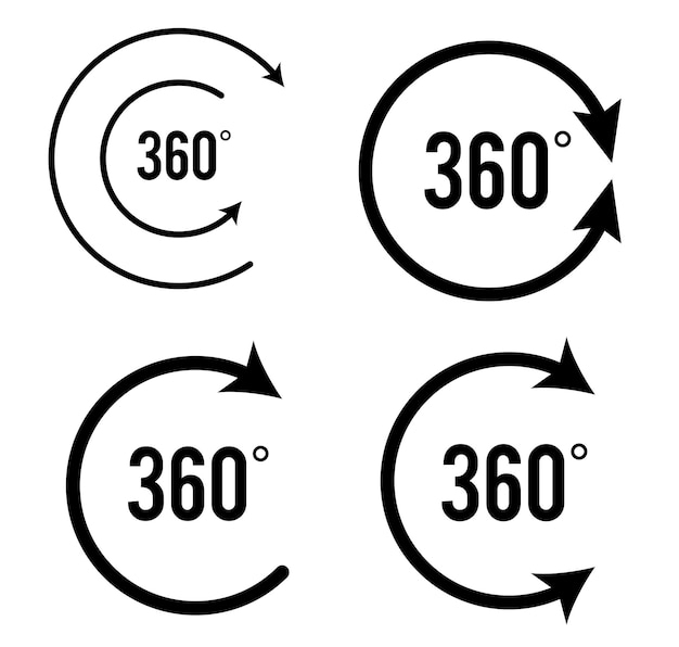 Icono de signo de ángulo de 360 grados Símbolo matemático de geometría Rotación completa Elementos de diseño Curvo muchas rachas Elemento de logotipo circular abstracto sobre fondo blanco aislado Ilustración vectorial EPS 10